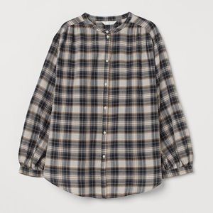 H&M Cotton Plaid Collarless Top. Black, Crem/Black Plaid. Size S